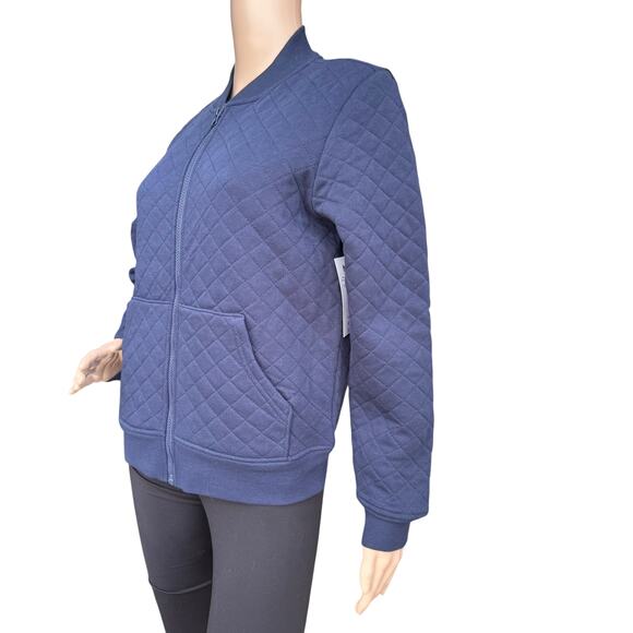 Athletic Works S Navy Blue Quilted Bomber Jacket Full Zip Ribbed Activewear Coat - Picture 5 of 6